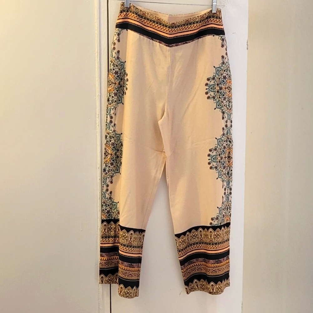 NWOT Farm Rio Anthropologie Cream Paisley-Trimmed Trousers